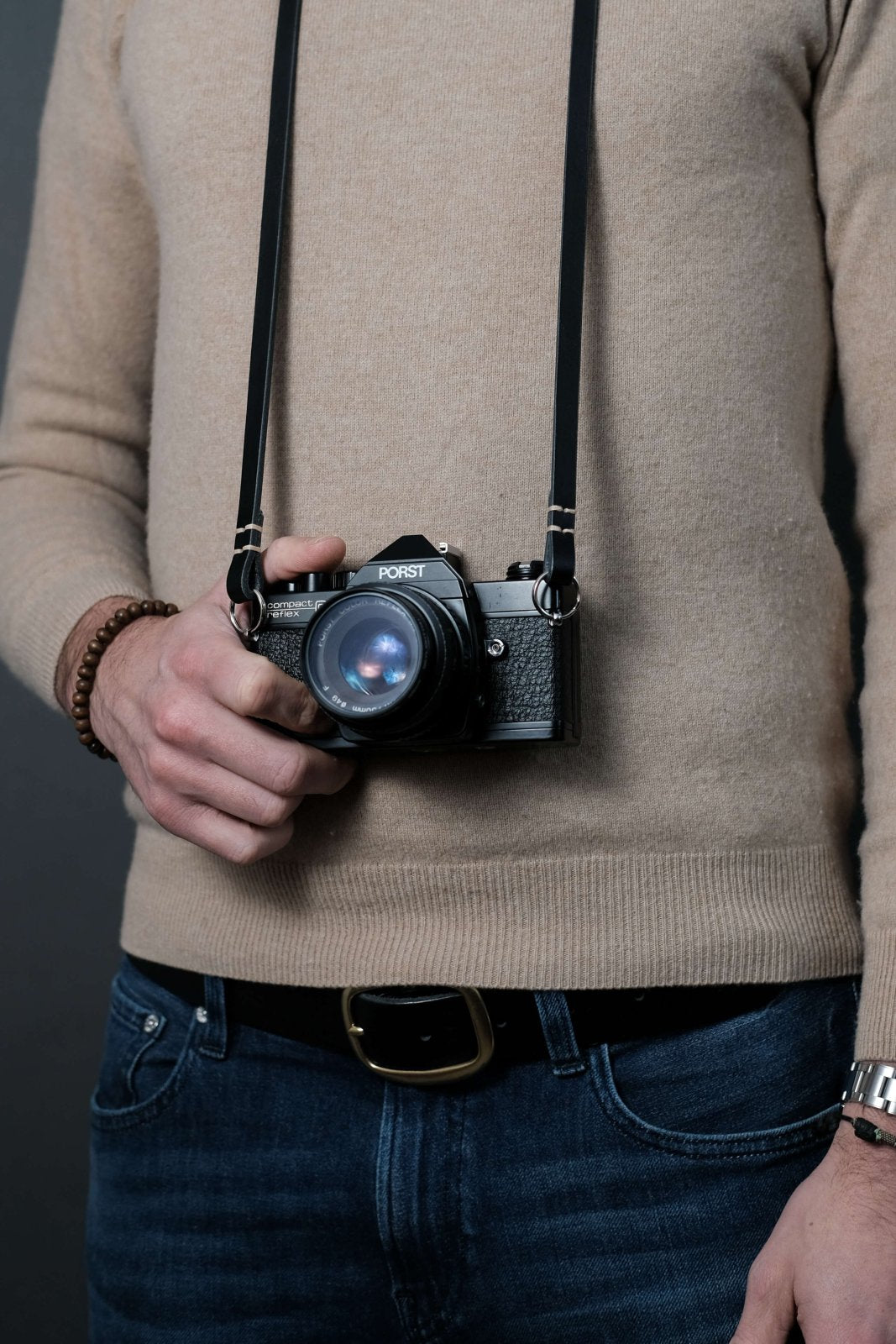 seam strap Kameragurte aus pflanzlich gegerbtem Leder in Schwarz und Braun für Point and Shoot Kamera und digitale