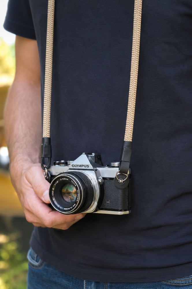 Beige farbener Kameragurt, rope aus Paracord Kletterseil für Kamera Leica, Fuji, Nikon und analog